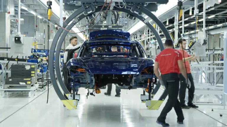 Watch the 2020 Porsche Taycan Travel Down the Assembly Line at Zuffenhausen